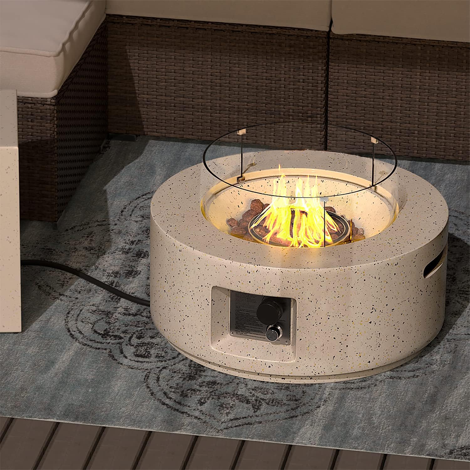 SUNBURY Outdoor 28 Inch Propane Fire Pit Table, Round Fire Table w Glass Wind Guard, 40,000 BTU Spotted White Patio Gas Fire Table Waterproof Cover, Lava Rocks