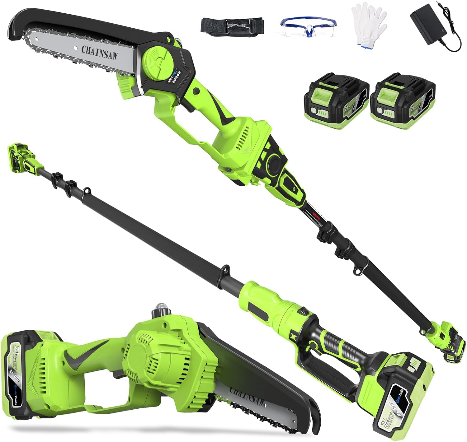 Cordless Pole Saw 8 Inch＆Mini Chainsaw 2-in-1 with 2×4.0Ah 21V Battery and Charger, Brushless Motor, Total Reach of Max 15ft, Electric Pole Saw for Tree Trimming