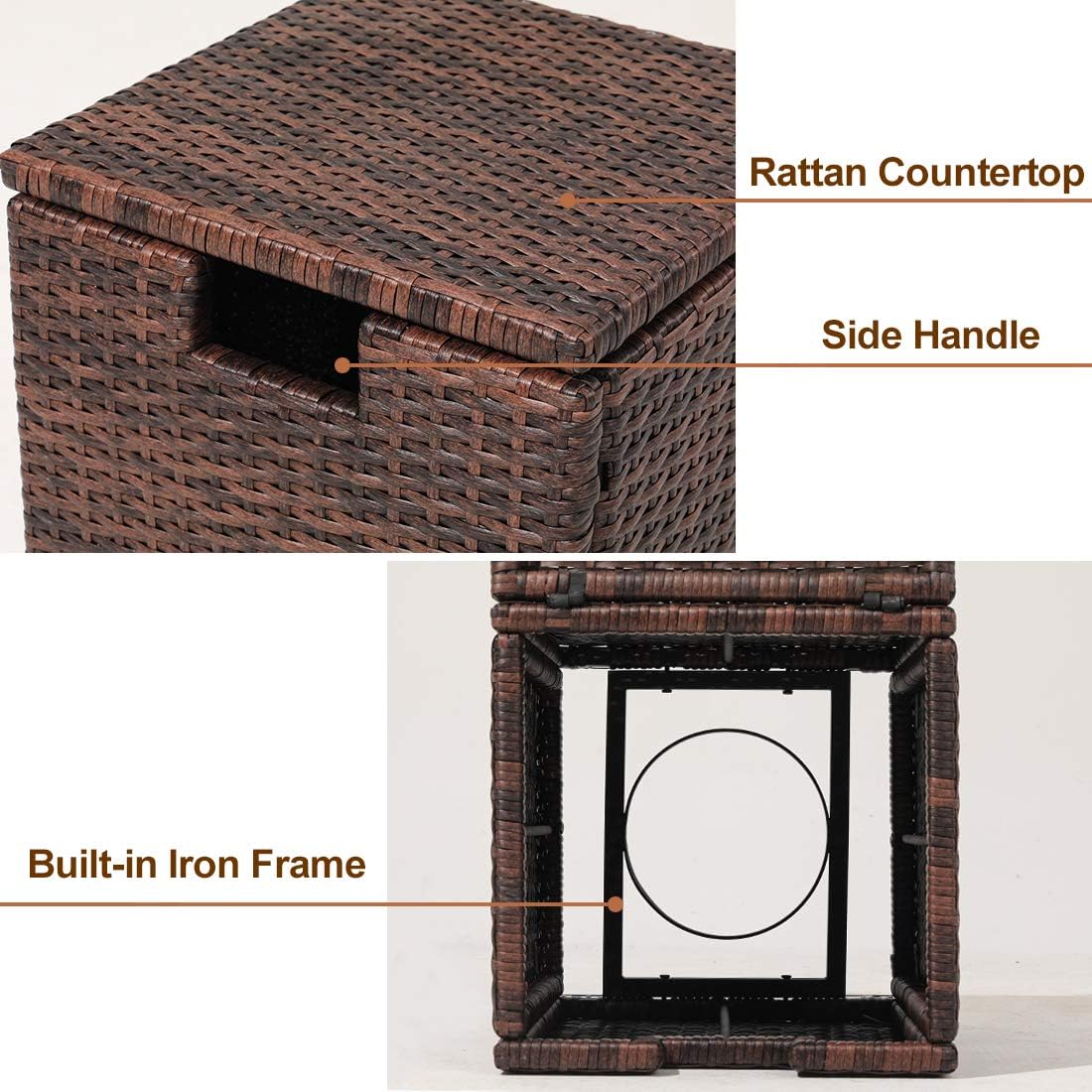 AQUILLA 6-Piece Patio Furniture, 32 inches 40000 BTU Square Wicker Fire Table w Wind Guard Glass for Garden