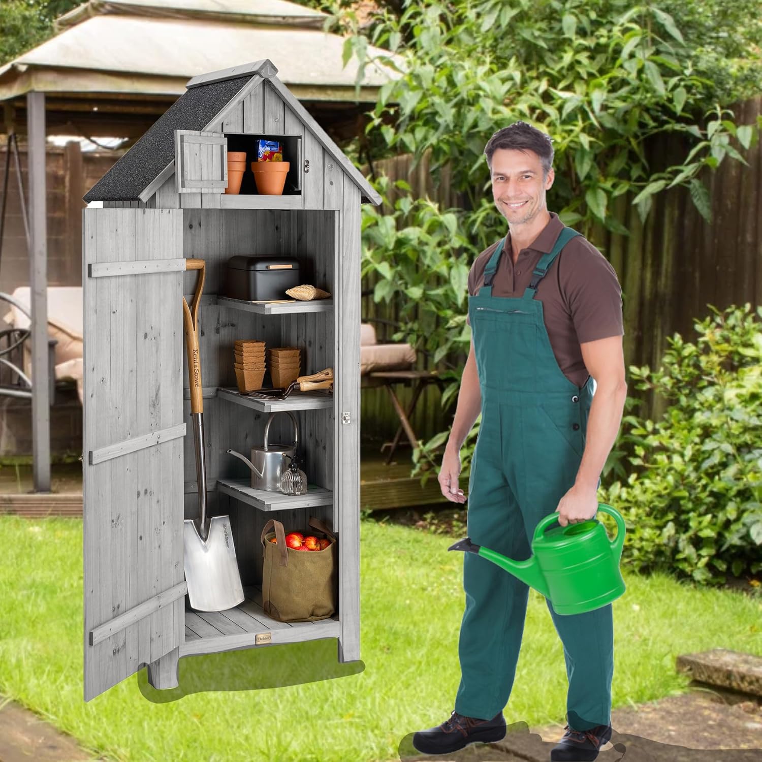 Outdoor Small Storage Cabinet with Shelves and Sloped Roof,Outdoor Wood Storage Furniture,Tool Storage Shed for Gareden,Patio,Yard,Natural