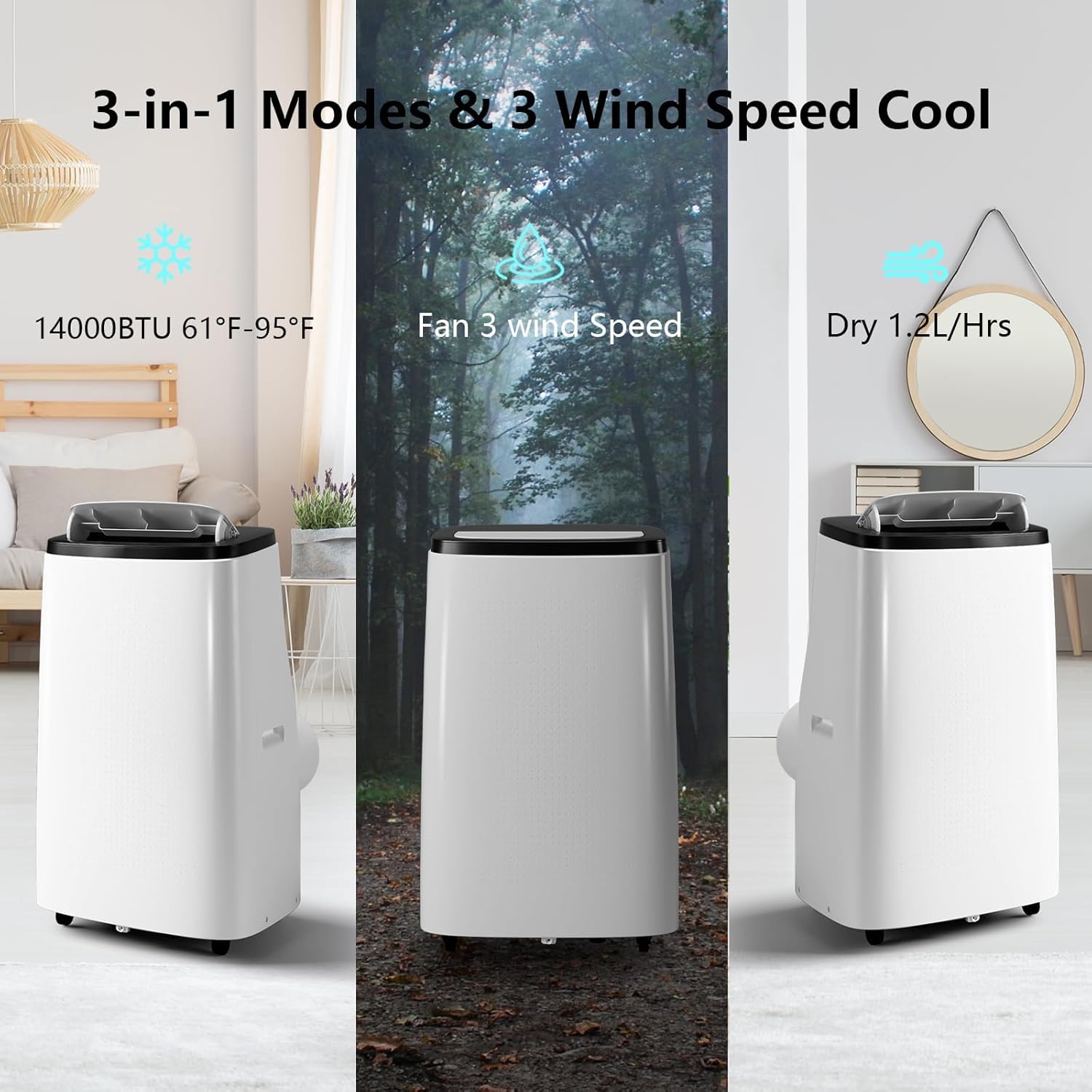 Portable Air Conditioners, 14000 BTU Portable AC Unit with Remote Control, 3-In-1 Quiet Air Conditioner for Room, Dorm, Office, Cools Up to 750 Sq. Ft, Sleep Mode, 24H Timer, Window Kit, Grey