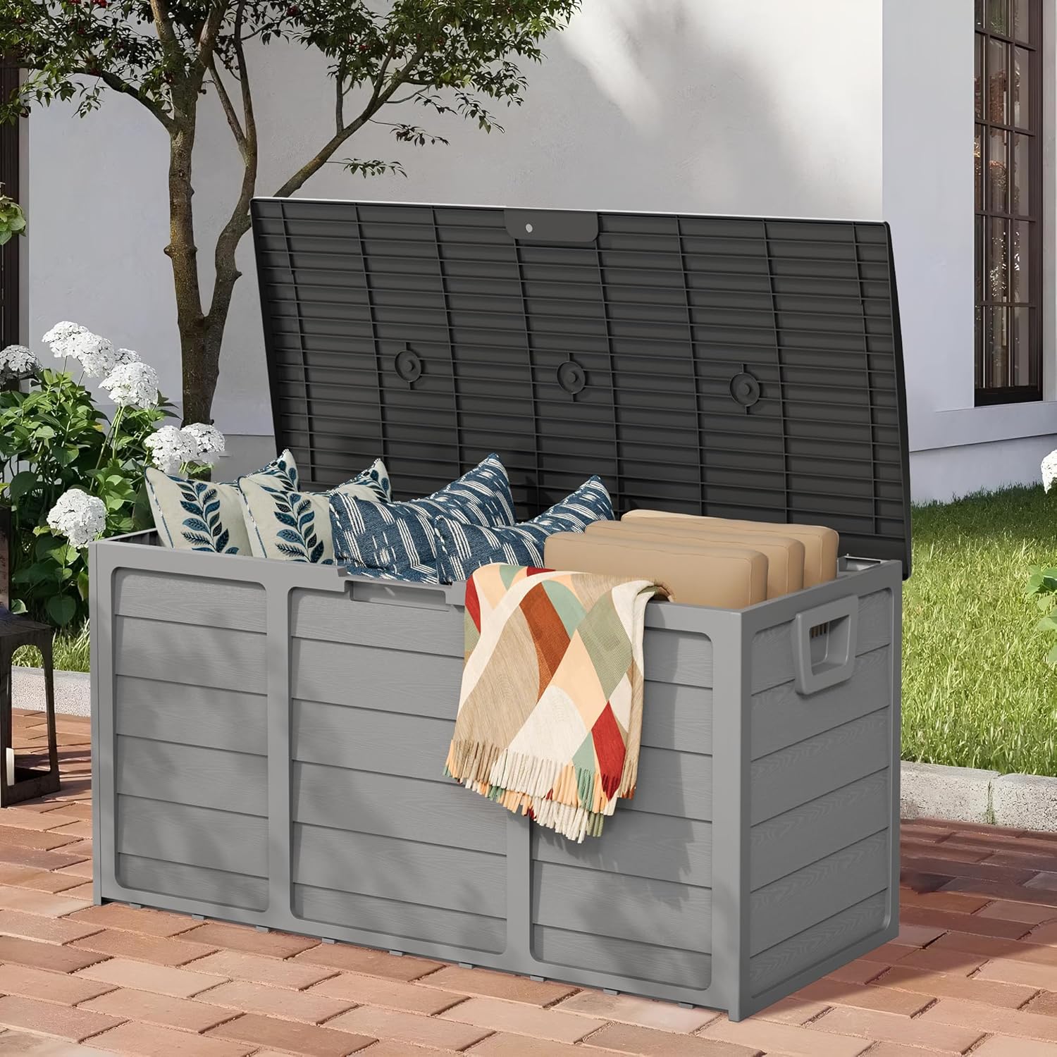 75 Gallon Deck Box - Outdoor Waterproof Storage with Lockable Lid, Heavy Duty Resin for Patio Furniture Cushions, UV & Weather Resistant (Grey)