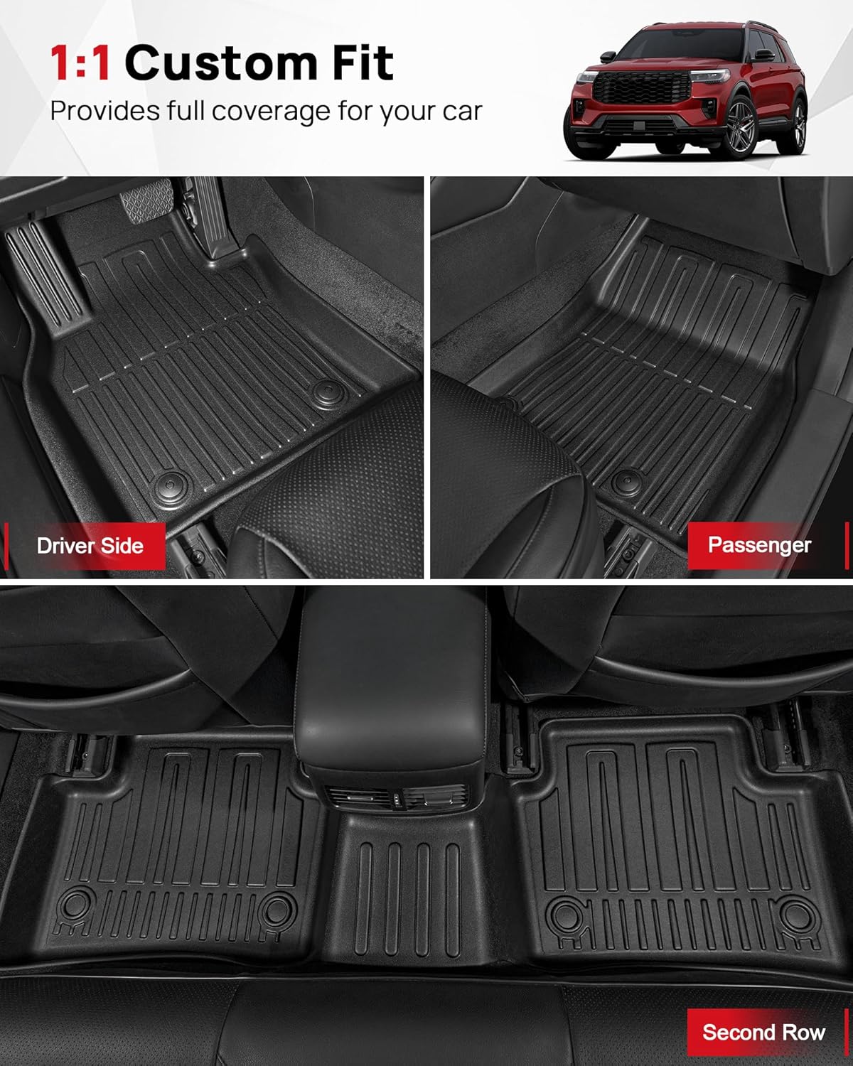 Floor Mats Compatible with 2020-2025 Ford Explorer 6 Seats - Custom Fit Full Set Car Accessories for Ford Explorer Includes XLT ST Platinum Active Hybrid (Floor Mats & Cargo & Backrest Mats)