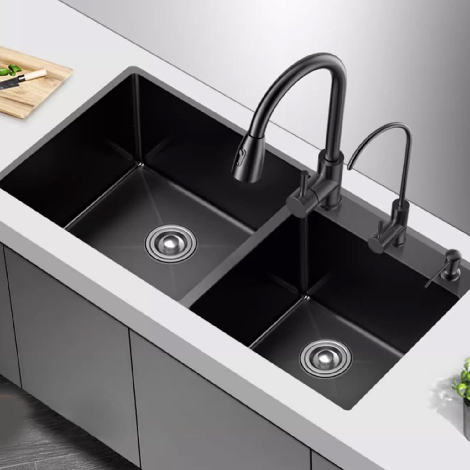 Kitchen Sink Tap,Black Kitchen Sink Double Bowl Sink Large Capacity Sink Stainless Steel Large Sink Including Faucet and Other Accessories (100x45x20cm)