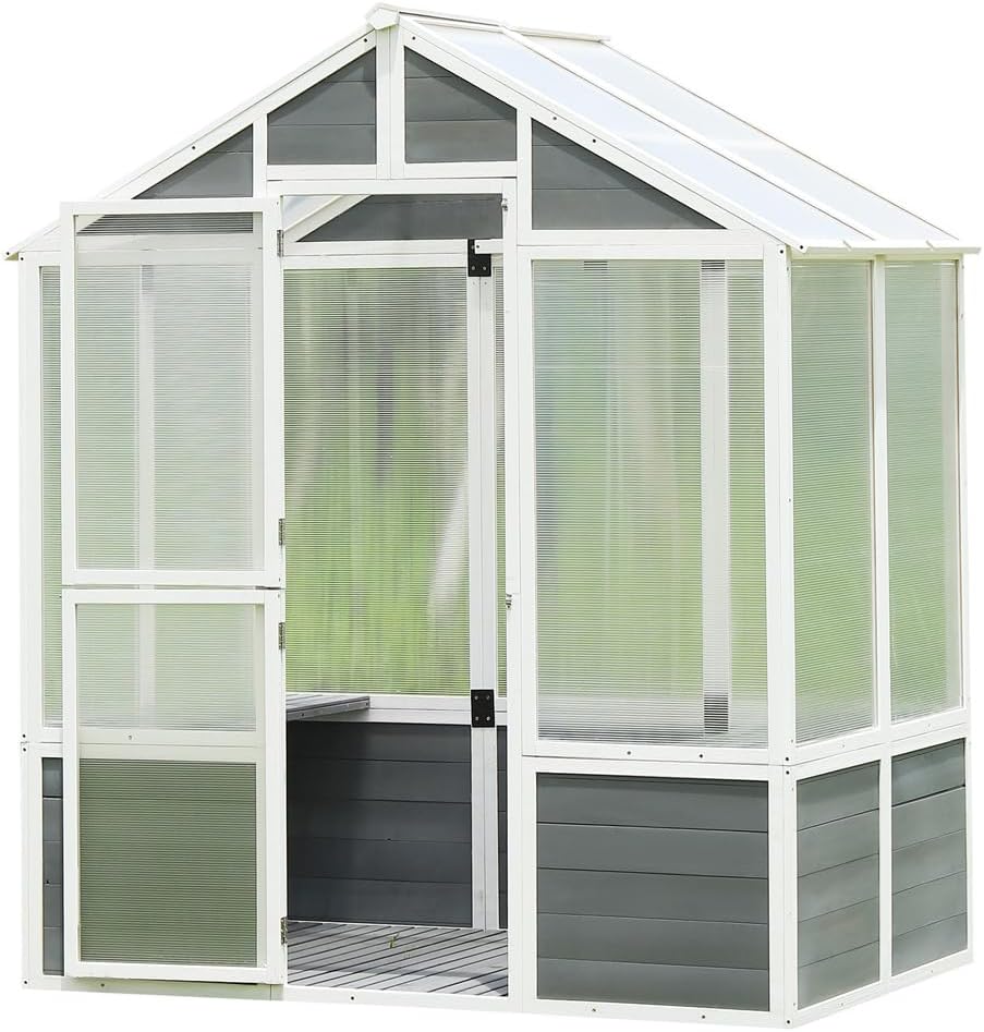 76”x 48”x 86”Wooden Polycarbonate Greenhouse with 2 Shelves and Wooden Base, Walk-in Fun Greenhouse Storage Shed with Front Door, Used for Outdoor Garden Plants, Sunlight Greenhouse, White+Gray