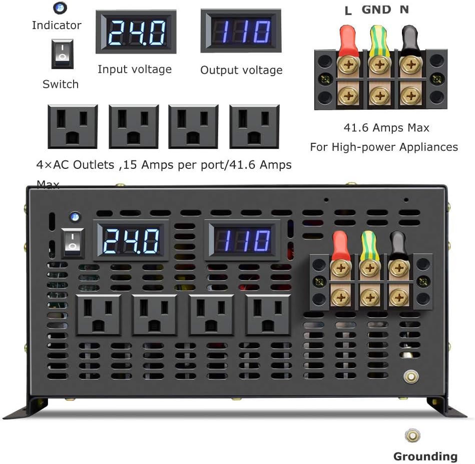 WZRELB Pure Sine Wave 5000W (10000W Surge) 24V Power Inverter DC to AC Power - Solar, RV (RBP-500024)