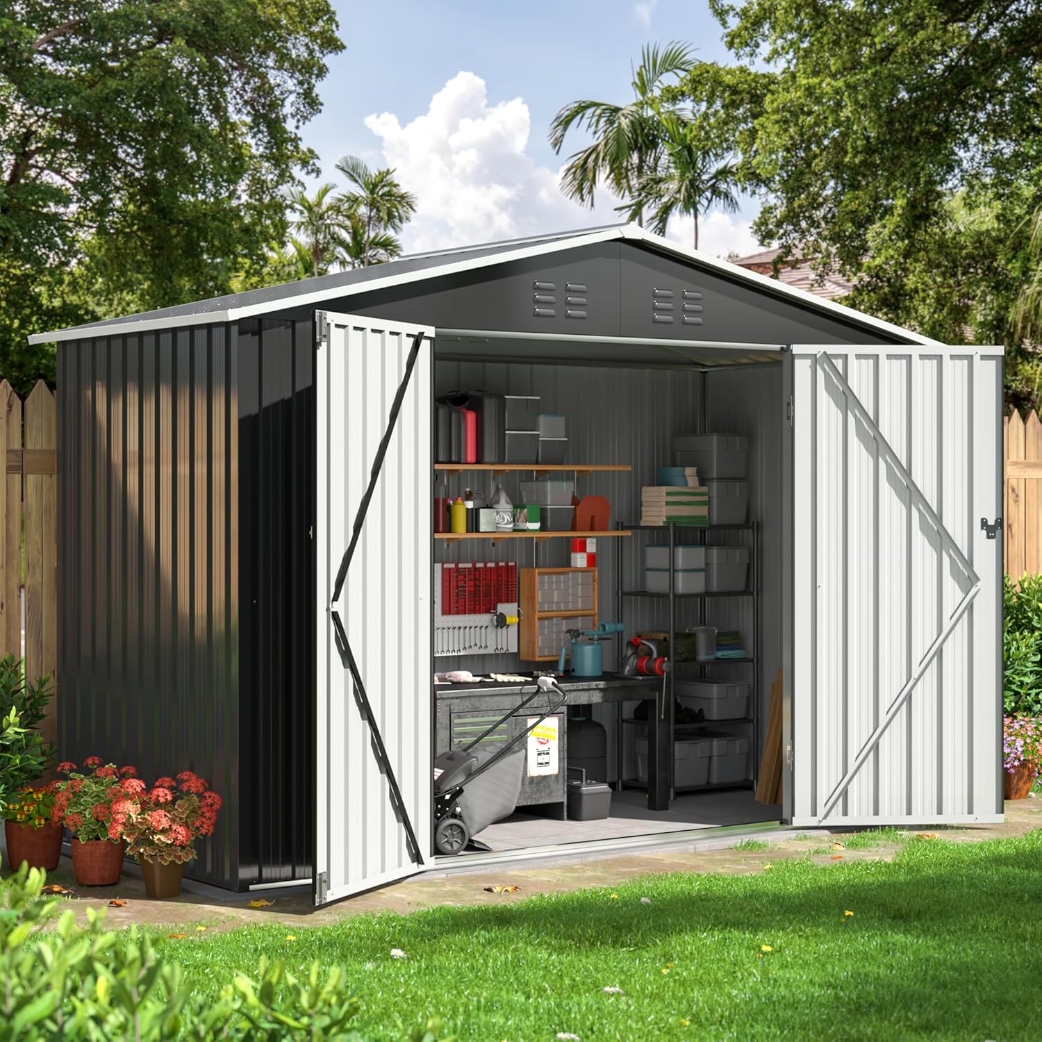 9x4 FT Outdoor Storage Shed, Garden Shed with Updated Frame Structure and Lockable Doors, Metal Tool Sheds for Backyard Garden Patio Lawn, Grey