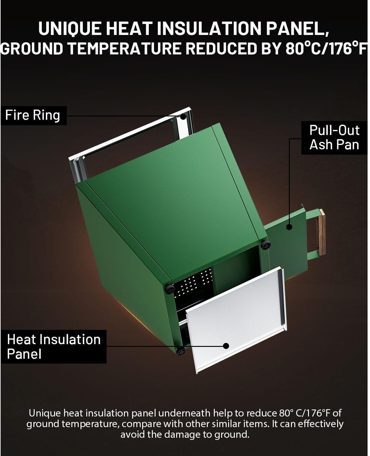 Cyberpit One 20-Inch Smokeless Fire Pit with Pull-Out Ash Pan, Portable Outdoor Fire Pit, Carry Handle, Stainless Steel, Green