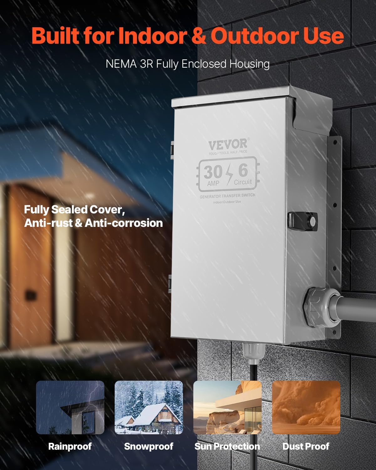 VEVOR Manual Transfer, 30-Amp 6-Circuit, Prewired Generator Transfer Kit with NEMA L14-30P Power Inlet Box, Double-Throw, NEMA 3R, Mechanical Watt Meter, for 7500W Generators