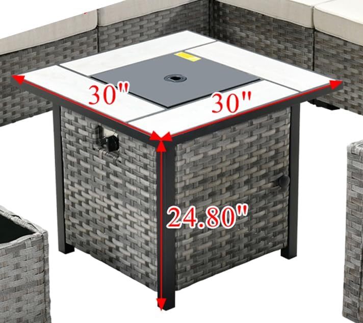 HOOOWOOO Patio Outdoor Fire Pit Table,30 inch Square Outside Propane FirePit with Matching Wicker for Outdoor Furniture Conversation Sofa Couch Set,50,000 BTU