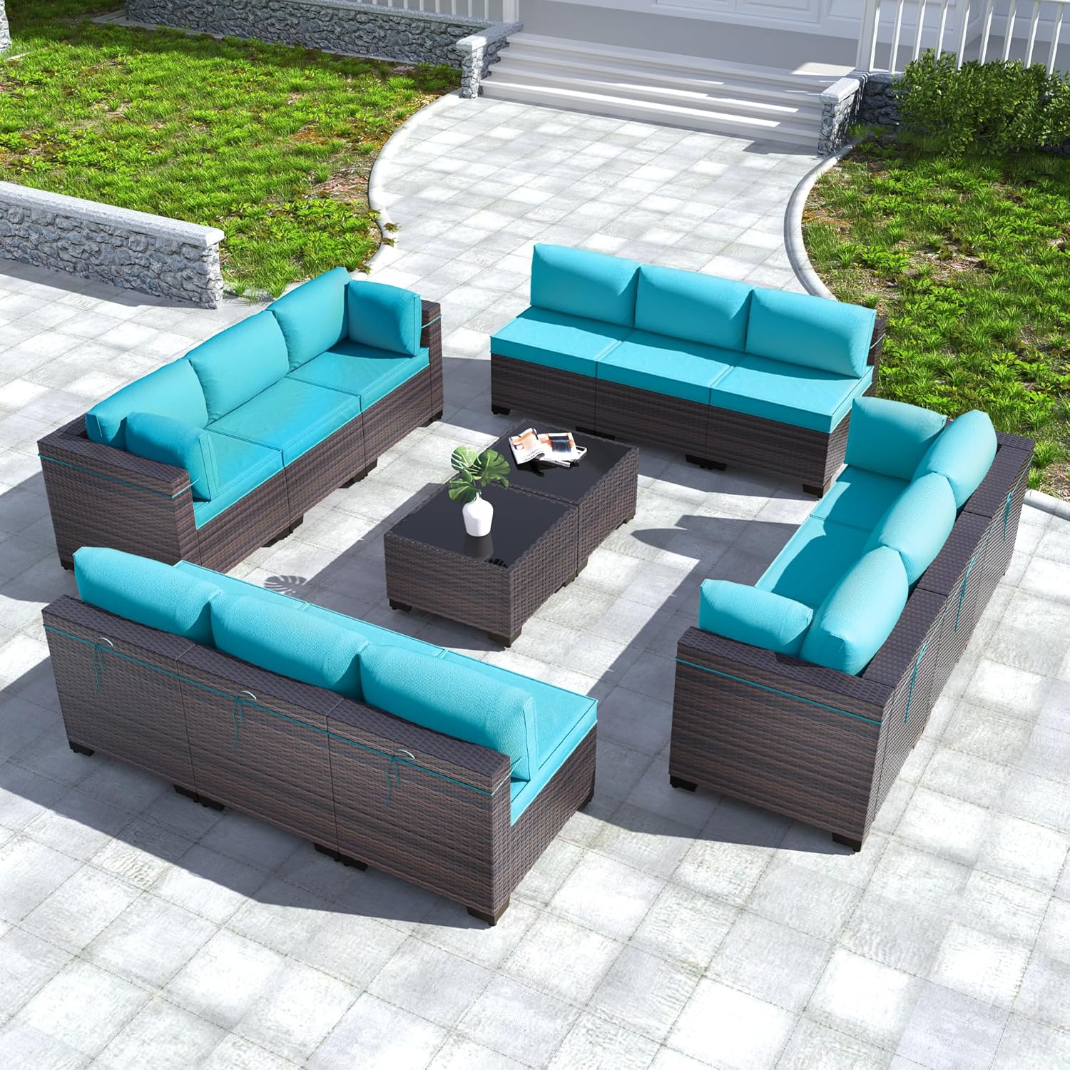 Kullavik 14PCS Outdoor Patio Furniture Set PE Wicker Rattan Sectional Sofa Patio Conversation Sets,Blue