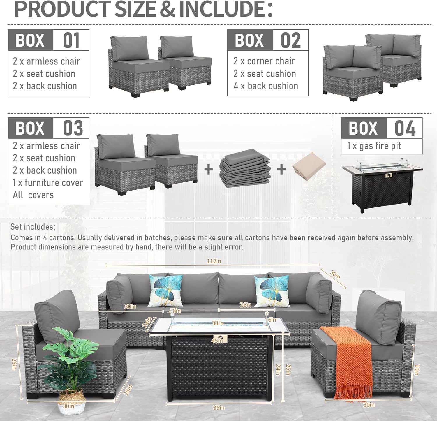 7 Pieces Wicker Patio Furniture Set, PE RattanOutdoor Sectional Conversation Sofa Set with Fire Pit Table, Non-Slip Cushions and Furniture Cover, Light Grey