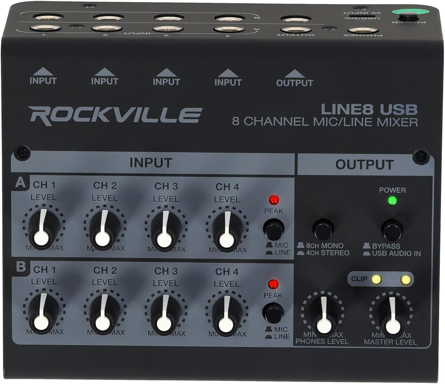 Rockville 3-Person Podcast Recording Package LINE8 USB 8-Channel Mixer and USB Audio Interface with (3) PRO-M50 Headphones, (3) RMIC-SR Mics, Stands, RHPA4 Amp, Cables (12 Items)