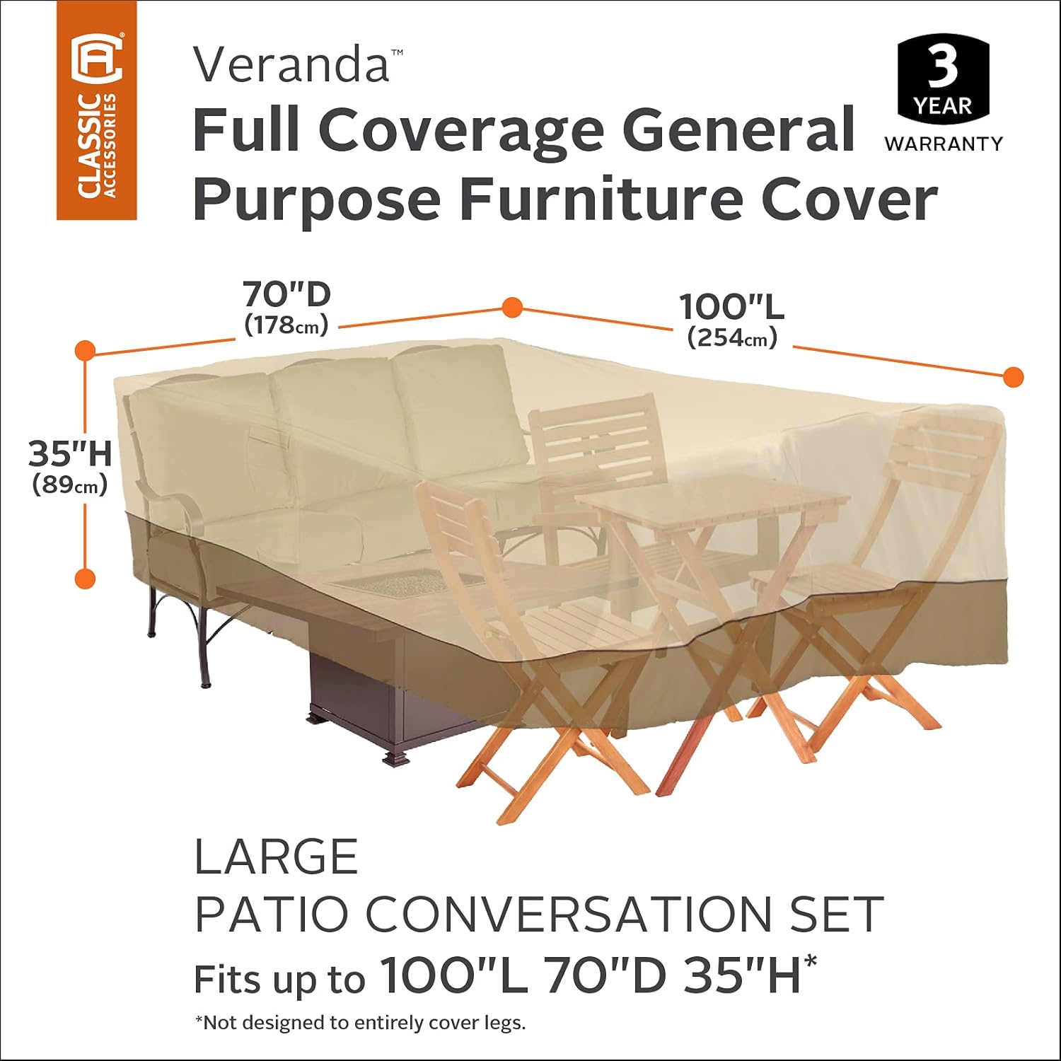 Classic Accessories Veranda Water-Resistant 100 Inch Conversation Set/General Purpose Patio Furniture Cover, Patio Furniture Covers