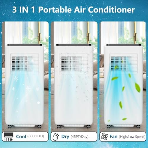 Portable Air Conditioner, 3-In-1 Standing Air Conditioner, 8000 BTU, Floor AC Unit For Room Up to 300 Sq. Ft, Portable AC with Remote Control For Bedroom and Office