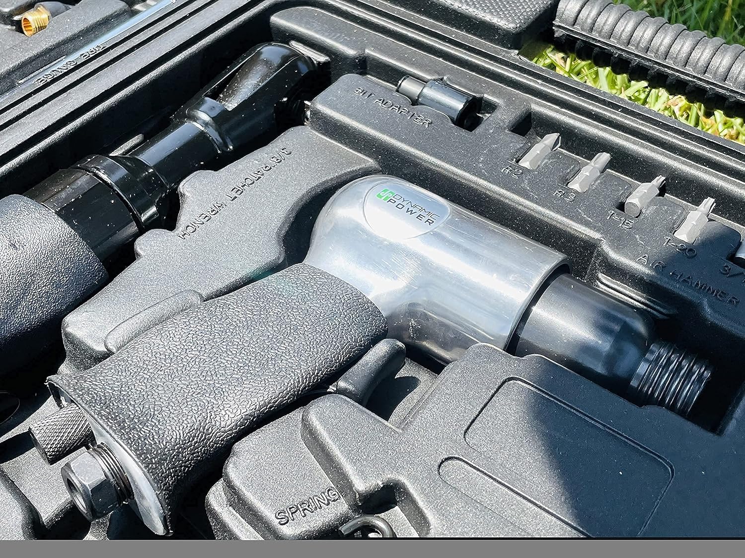 50 Pieces Air Tool Kit. 1-1/2'' Impact Wrench, 1-3/8'' Ratchet Wrench, 5-Air Hammer w/Chisels, and other great tool accessories. D-W3-50K