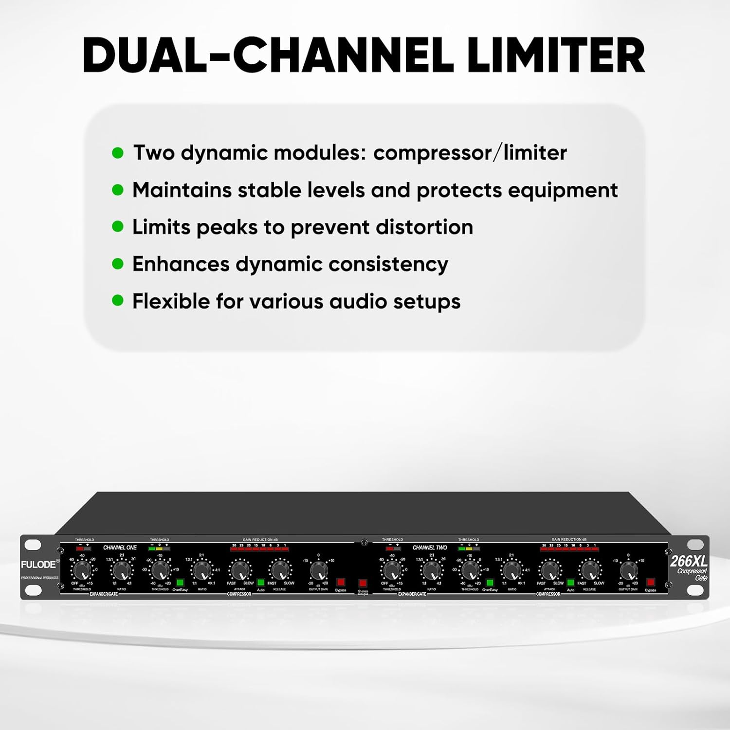 Audio Compressor, Professional Dual-Channel Rackmount Vocal Compressor/Limiter with Noise Gate, Sidechain Insert, and XLR/TRS Inputs for Studio, Live & Streaming