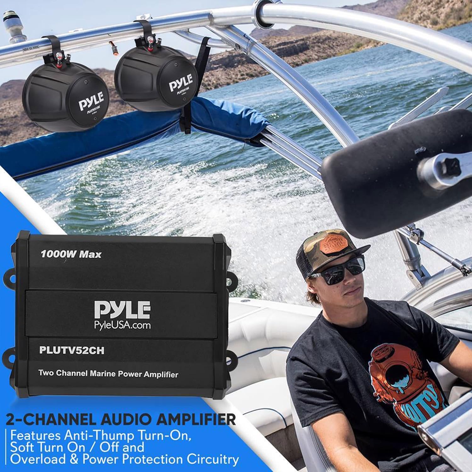 PYLE, Marine Speakers, Boat Speakers, 1000W 5.25 Inch, Waterproof Off-Road System, 2-Channel Amp, Full Range Stereo, ATV/UTV/Jeep, Includes Mounting Brackets & Wiring, IP-X45 Rated, PLUTV52CH