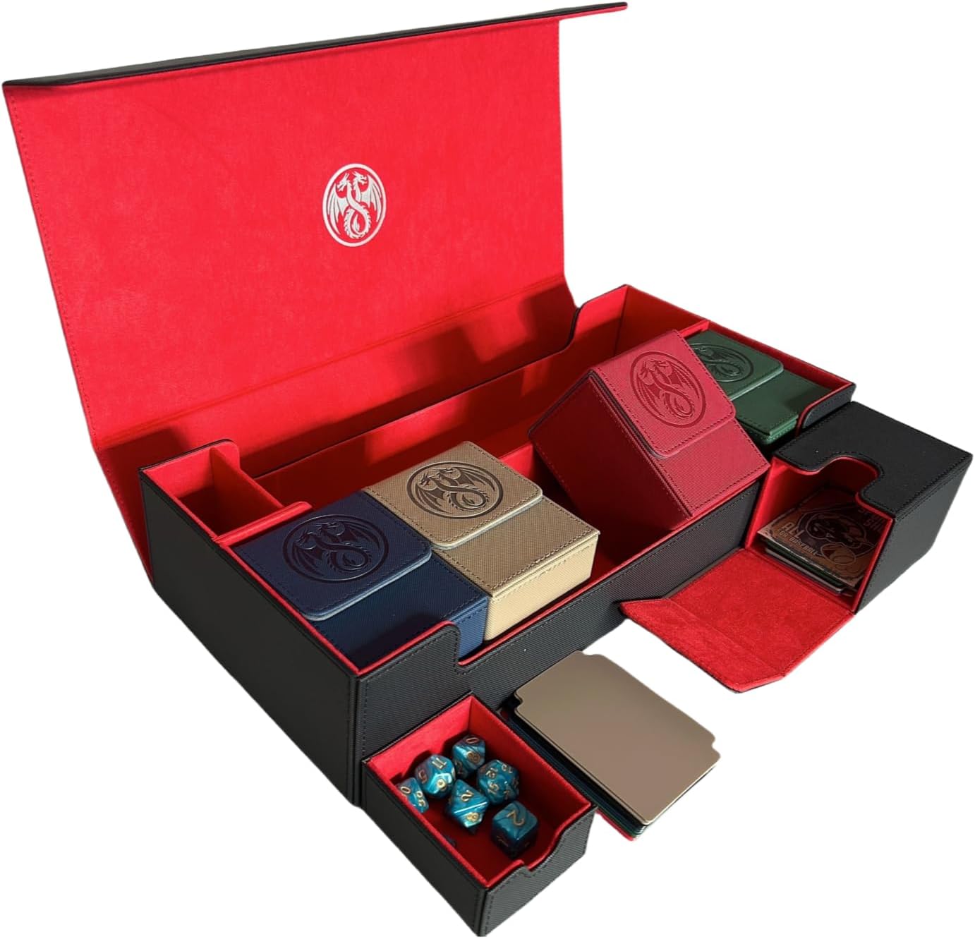 8 in 1 MTG Deck Box Set,for 2400+ Unsleeved Cards,including Premium XLarge Trading Card Storage Box,5 PCS Deck Case,Gift Dice and Card Divider,Compatible with TCG/Commander/Magic (Black & Red Set)