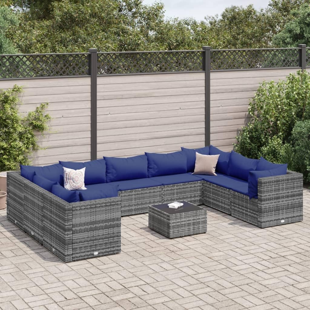 Furniture Sets 10 Piece Patio Lounge Set with Cushions Gray Poly Rattan,Outdoor Rattan Lounge Set with Glass Top Table for Your Patio, Backyard, or Terrace Garden Conversation Sets