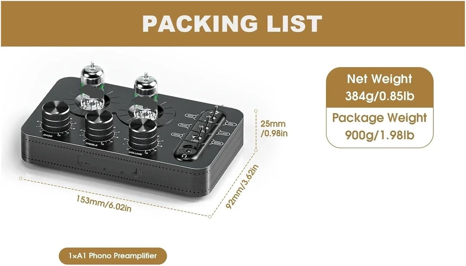 A1 HiFi GE5654 Vacuum Tube Phono Preamplifier for Turntable Stereo Tube Audio Preamp Headphone Amplifier with Tone Control