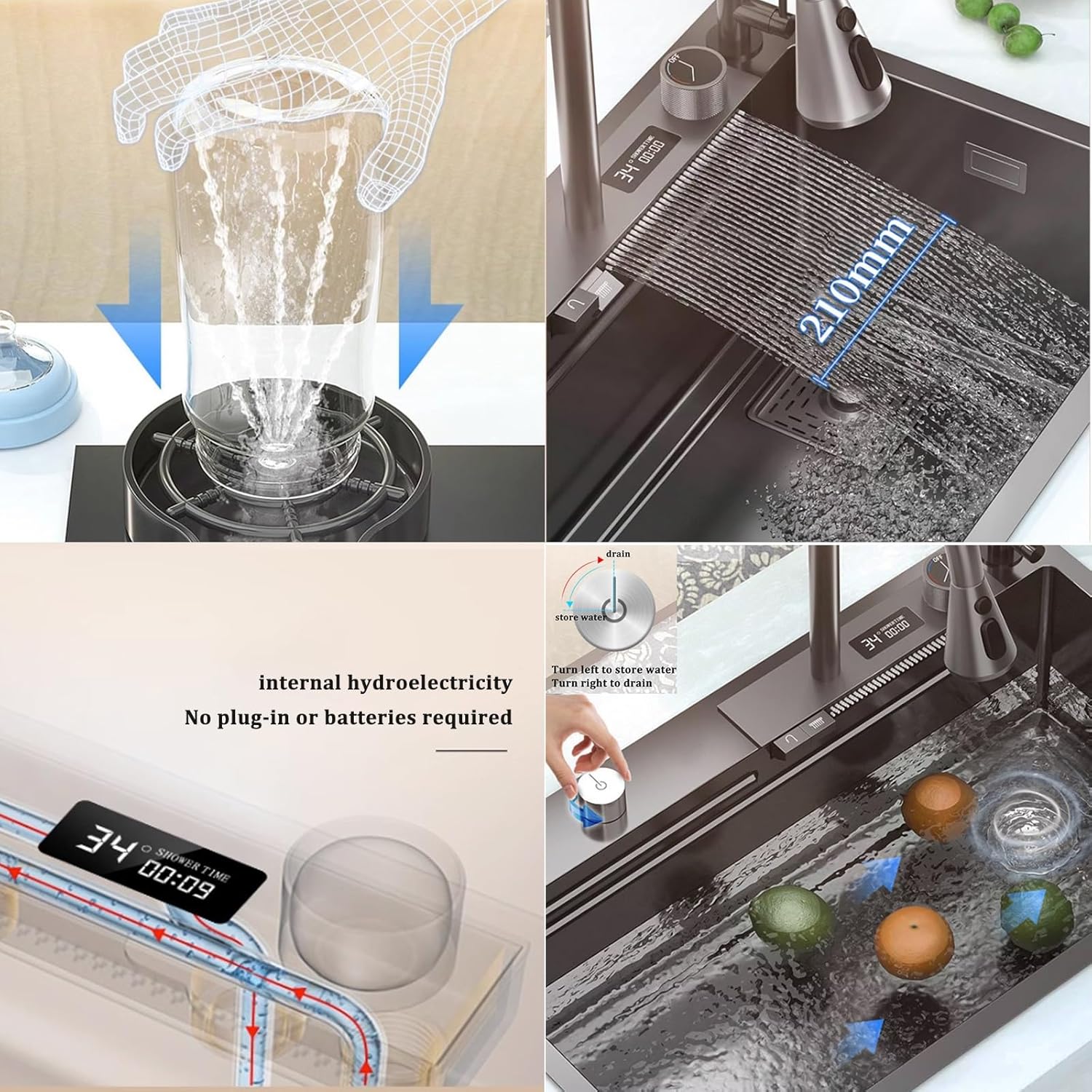 Kitchen Sink Tap,Black Kitchen Sink Digital Waterfall Faucet 304 Stainless Steel Sink Large Single Bowl Sink Including Cup Washer and Other Accessories (80x45x22cm)