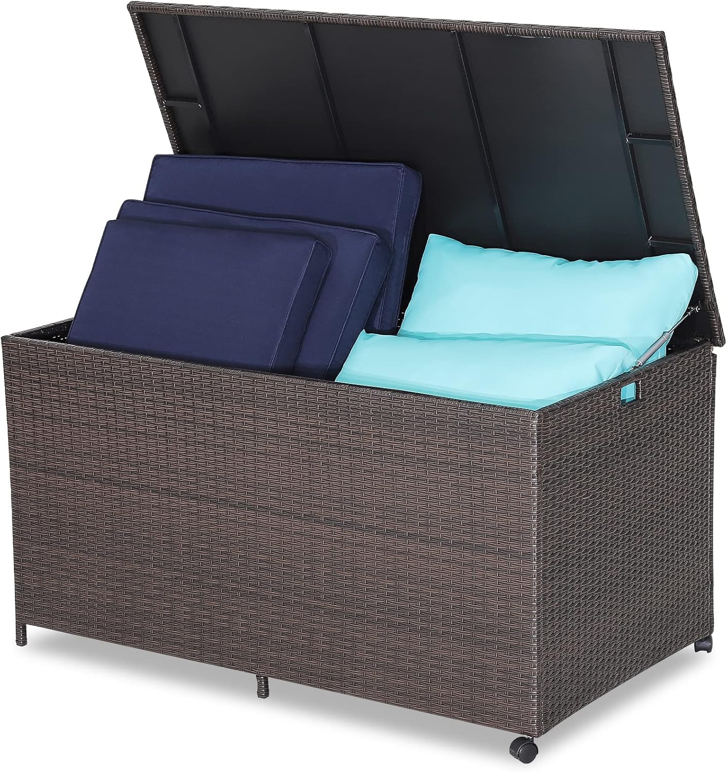 HAPPYGRILL 133 Gallon Outdoor PE Wicker Storage Box Rattan Deck Container with Waterproof Liner and 2 Universal Wheels, Garden Furniture Container Box for Cushions Garden Tools