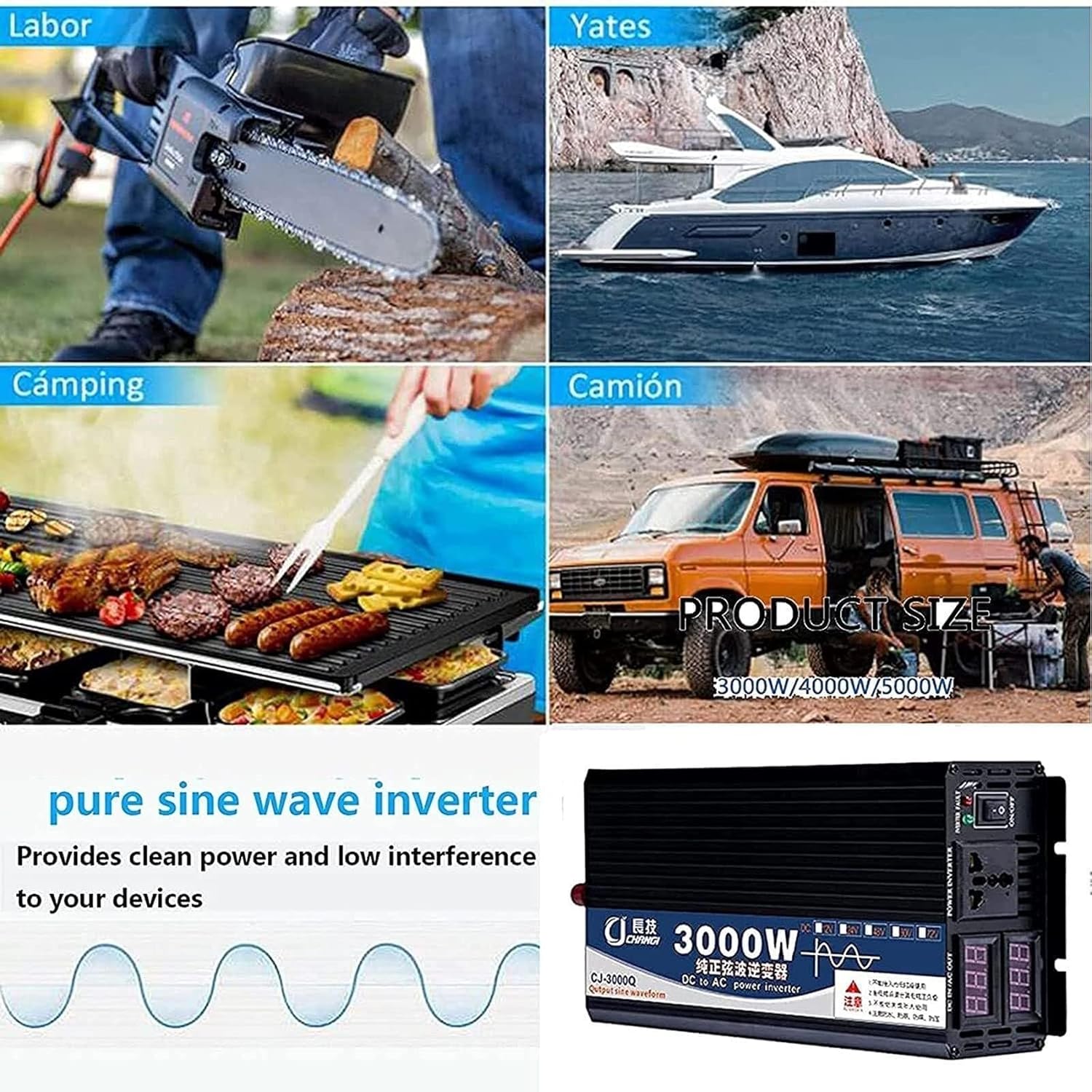 Pure Sine Wave Inverter 3000W 4000W 5000W with AC Outlets Output Power Battery Converter LCD Display DC 12v 24v 48v 60v to AC 110v-220v Car Power Inverter 5000W-60Vto220V