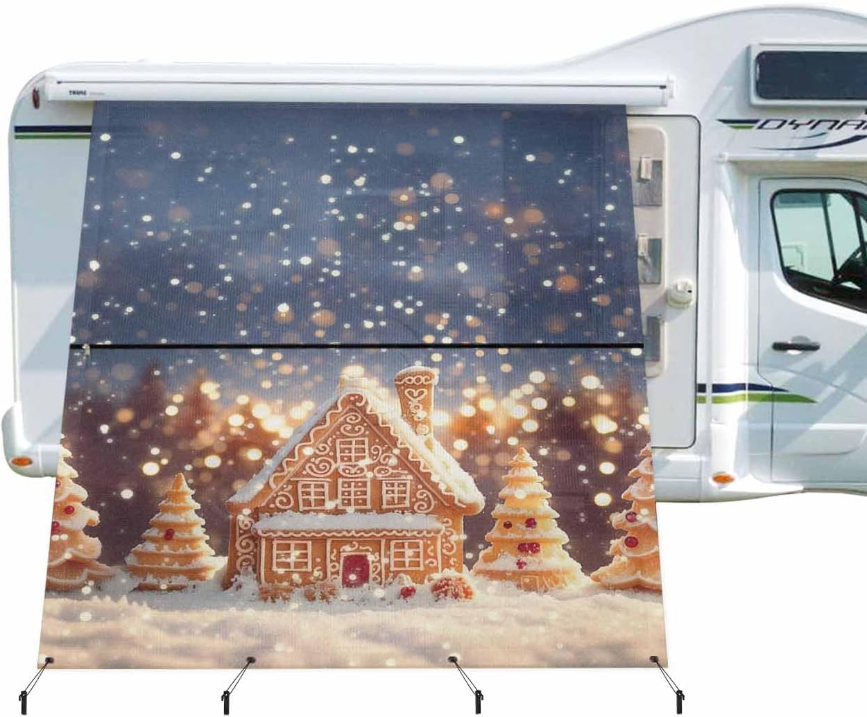 Xmas Biscuit House Pine Tree RV Awning Sun Shade, Winter Snowflake Polka Dot Navy Blue Heavy Duty Sunlight Blackout Side Awning with Complete Kits for Outdoor,108x84In