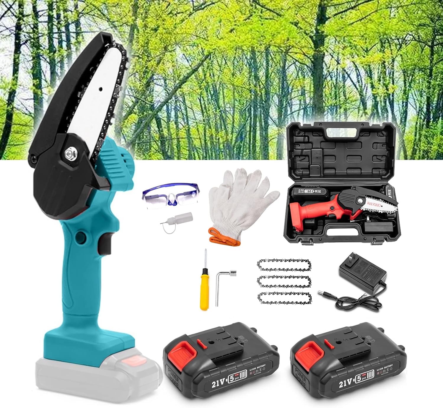 Mini Chainsaw, Portable Handheld Chainsaw 4-Inch with Security Lock,Power Chain saws with 1500mAh 21V 1.5Ah 2 Batteries Powered Kit and 4Pcs Chains,for Tree Trimming Branch Wood Cutting