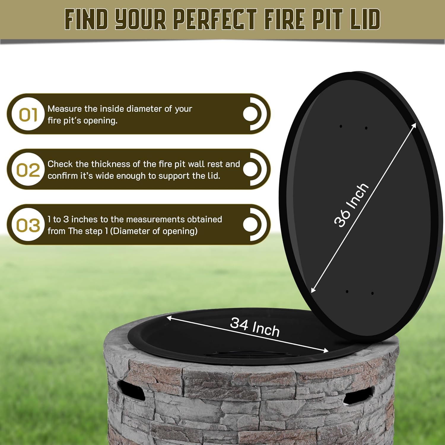 Simond Store Fire Pit Cover Round, Snuffer Lid Ring Steel 36” inch Diameter, Drop-in Burner Fire Pit Pan Lid- 2 mm Thickness, Grill Fire Ring Lid with Handle
