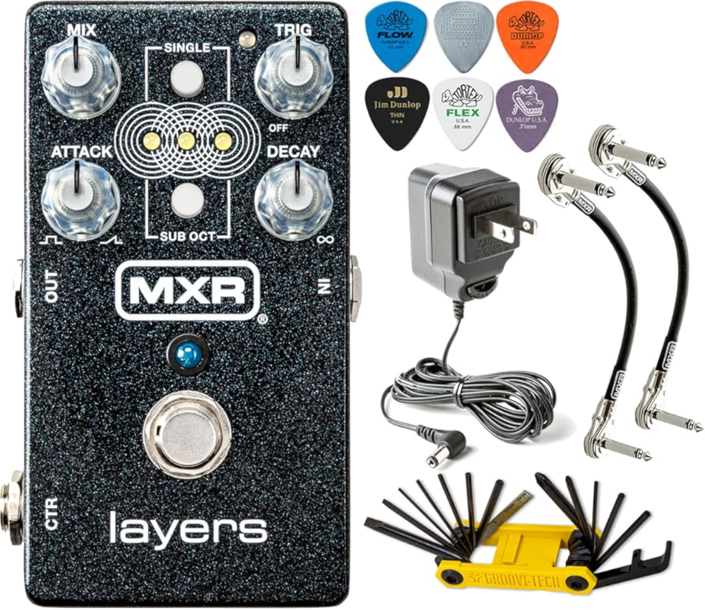 MXR M307 Layers Harmonic Sustain Electric Guitar Effects Pedal with Tonebird Bundle with MXR Patch Cables, Groovetech Multi-Tool, Dunlop Picks and ECB003 9V Power Supply
