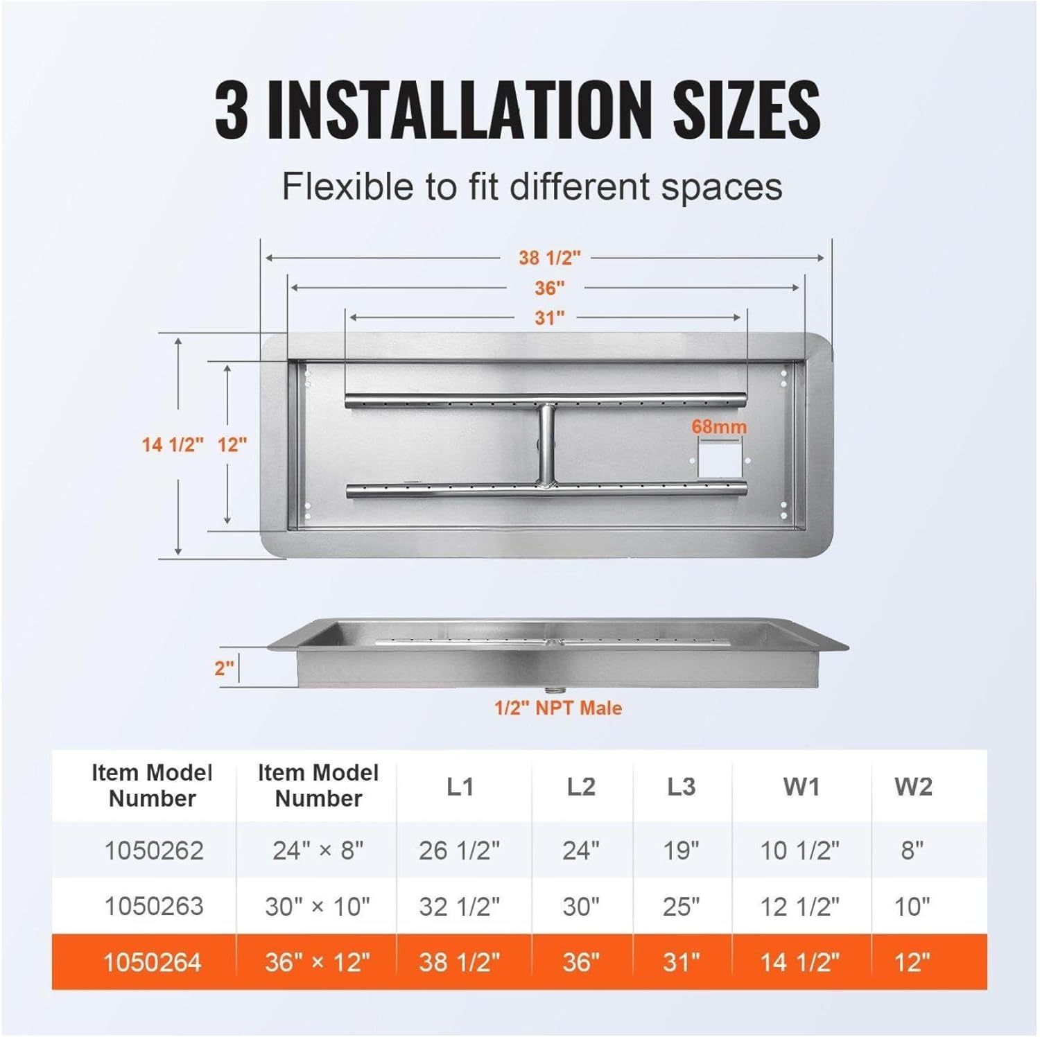 36 x 12 inch Drop-in Fire Pit Pan, Rectangular Stainless Steel Fire Pit Burner Kit, Natural & Propane Gas Fire Pan 150,000 BTU with H-Burner for Indoor or Outdoor Use