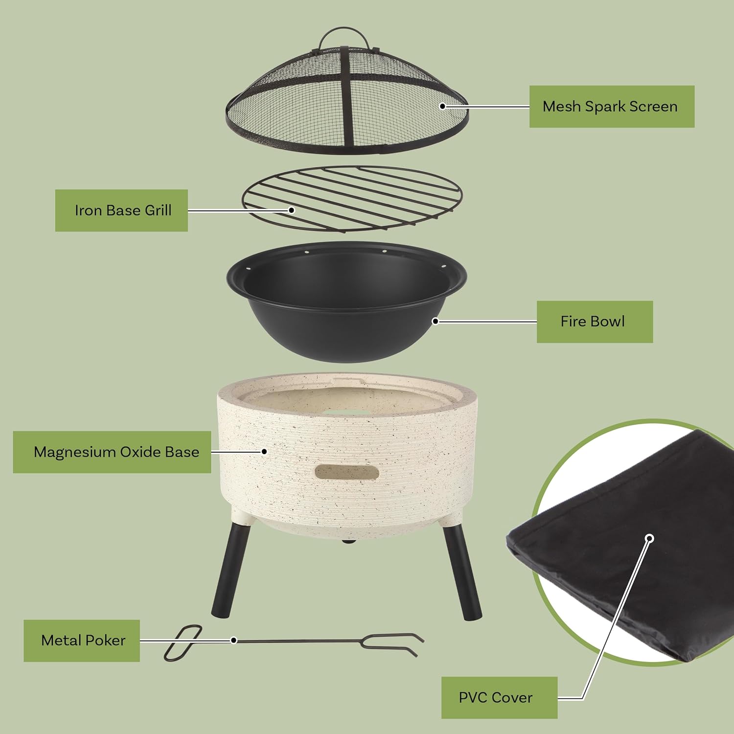 Outdoor Fire Pit - 21” Round Faux Concrete Firepit - Wood Burning Fire Pit with Poker, Screen, Cover - Wood Fire Pits for Outside Patio by Pure Garden