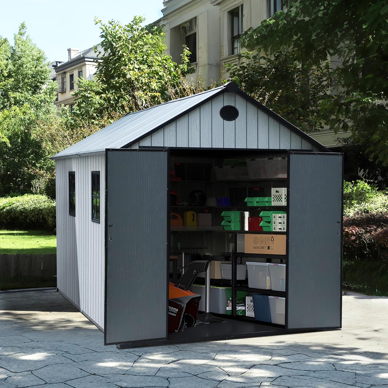 KIGOTY Outdoor Storage Shed, Weatherproof Tool Sheds Storage House with Lockable Doors, Windows and Sloping Roof, Outdoor Storage, Plastic Garden Shed for Backyard, Patio (7 X 9)