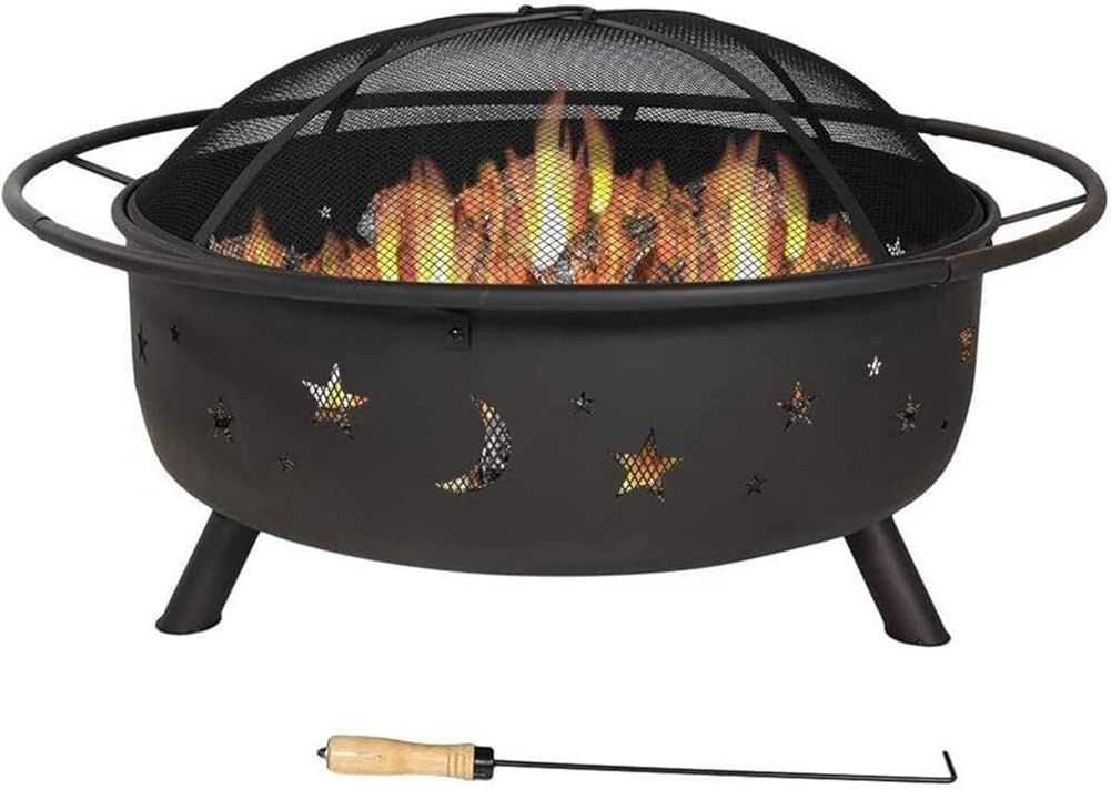 Garden Fire Pit Grill Bowl Grill Barbecue Rack Round Outdoor Fire Pit, Wood Burning Patio & Backyard Firepit with Mesh Spark Screen and Fireplace Poker, for Camping Picnic Outdoor Fire Pits