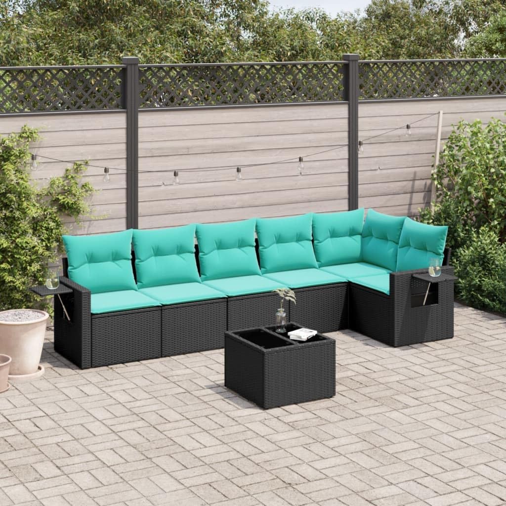 7 Piece Garden Sofa Set with Cushions, Black Poly Rattan Outdoor Patio Furniture, Modular Design with Tempered Glass Tabletop for Backyard, Terrace