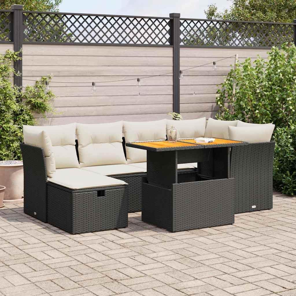 7-Piece Black Garden Sofa Set, Modular Adjustable Outdoor Furniture with Weather-Resistant Poly Rattan Weave and Comfy Cushions for Patio Backyard Lounging