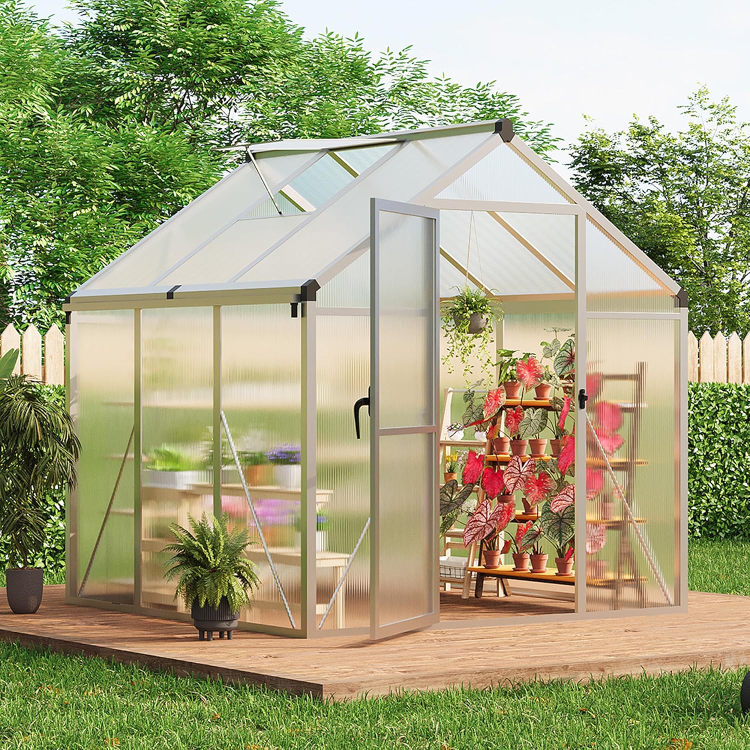 6X6 FT Outdoor Polycarbonate Greenhouse, Sturdy Aluminum Frame, Adjustable Roof Vent, Ideal for Backyard, Patio, or Garden, All-Weather Green House for Growing Plants and Vegetables