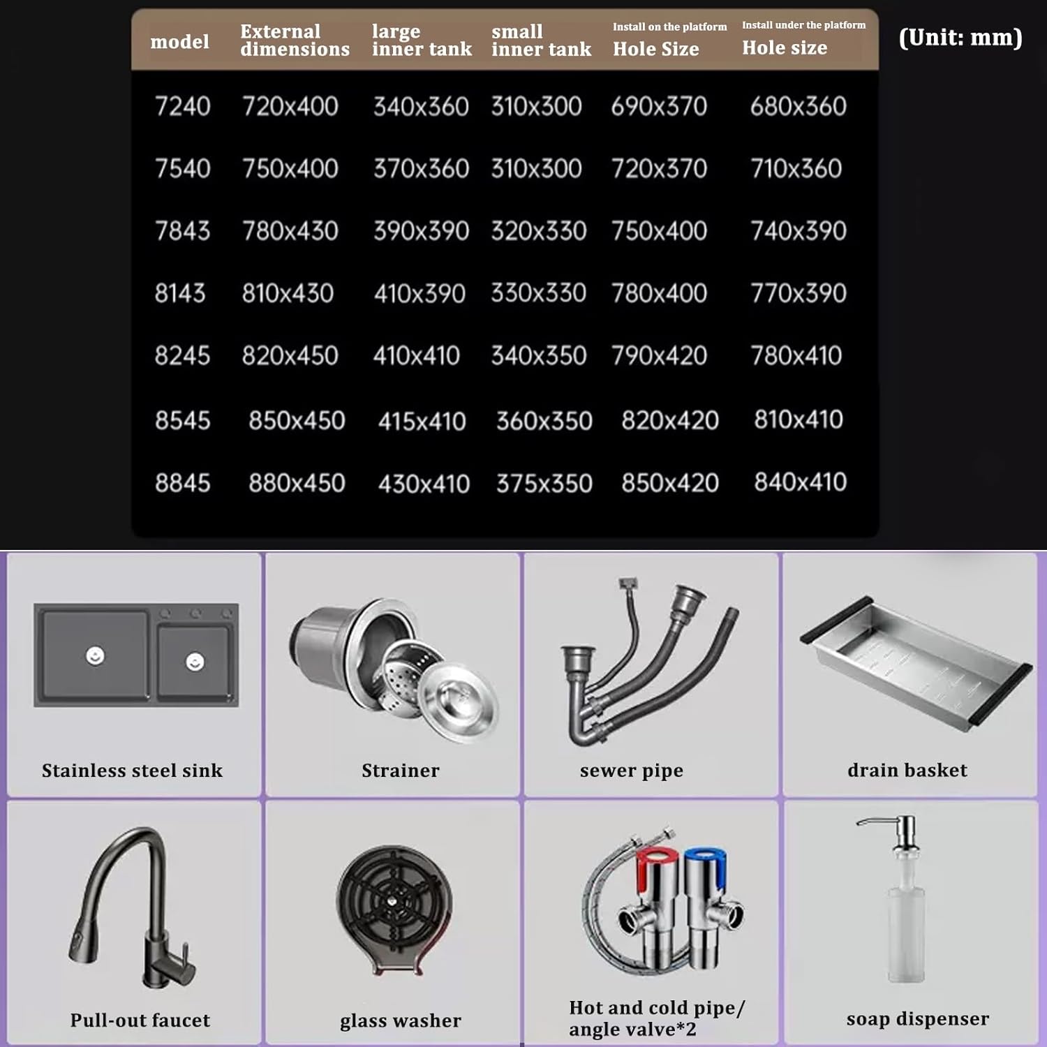 Kitchen Sink Tap,Stainless Steel Sink Gray Large Double Bowl Sink Kitchen Sink Pullout Faucet Glass Washer and Other Accessories Included，82x45x20cm