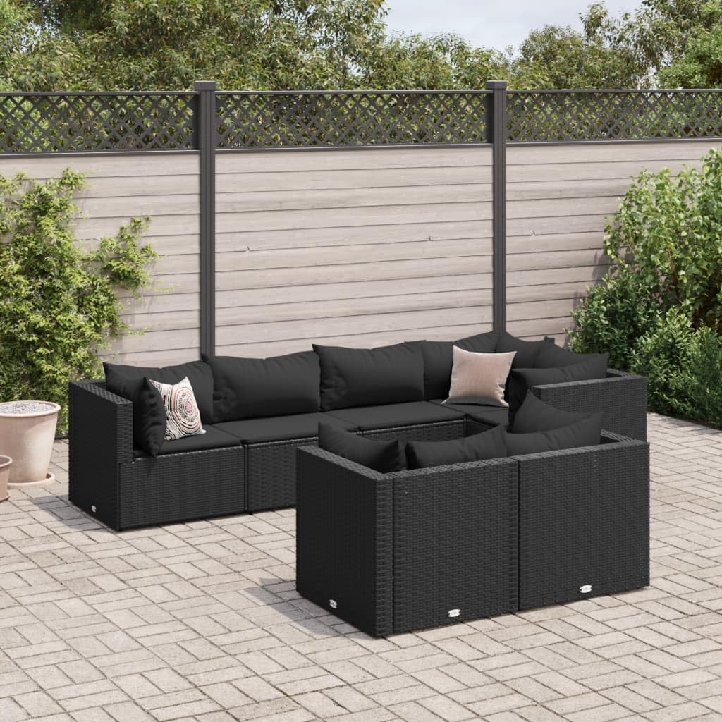 7 Piece Patio Lounge Set with Cushions Black Poly Rattan,Rattan Outdoor Furniture Set with Modular Design for Patio and Backyard Comfortable Seating Patio Furniture Sets, Outdoor Furniture Sets