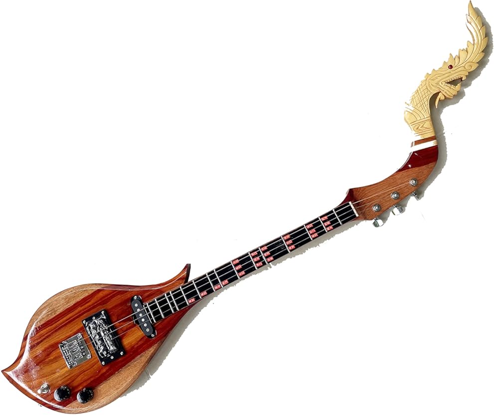 Isarn Electric Phin 3 Strings, Thailand Lao Guitar Musical Instrument, Traditional Thai Pin120, brown