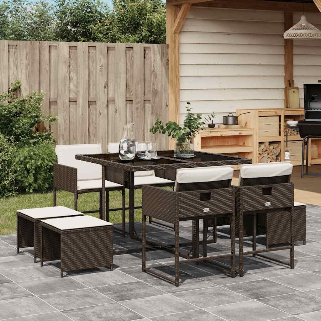 8-Seater Garden Dining Set, Brown Poly Rattan Patio Furniture with Cream White Cushions, Tempered Glass Top Outdoor Table and Chairs for Backyard