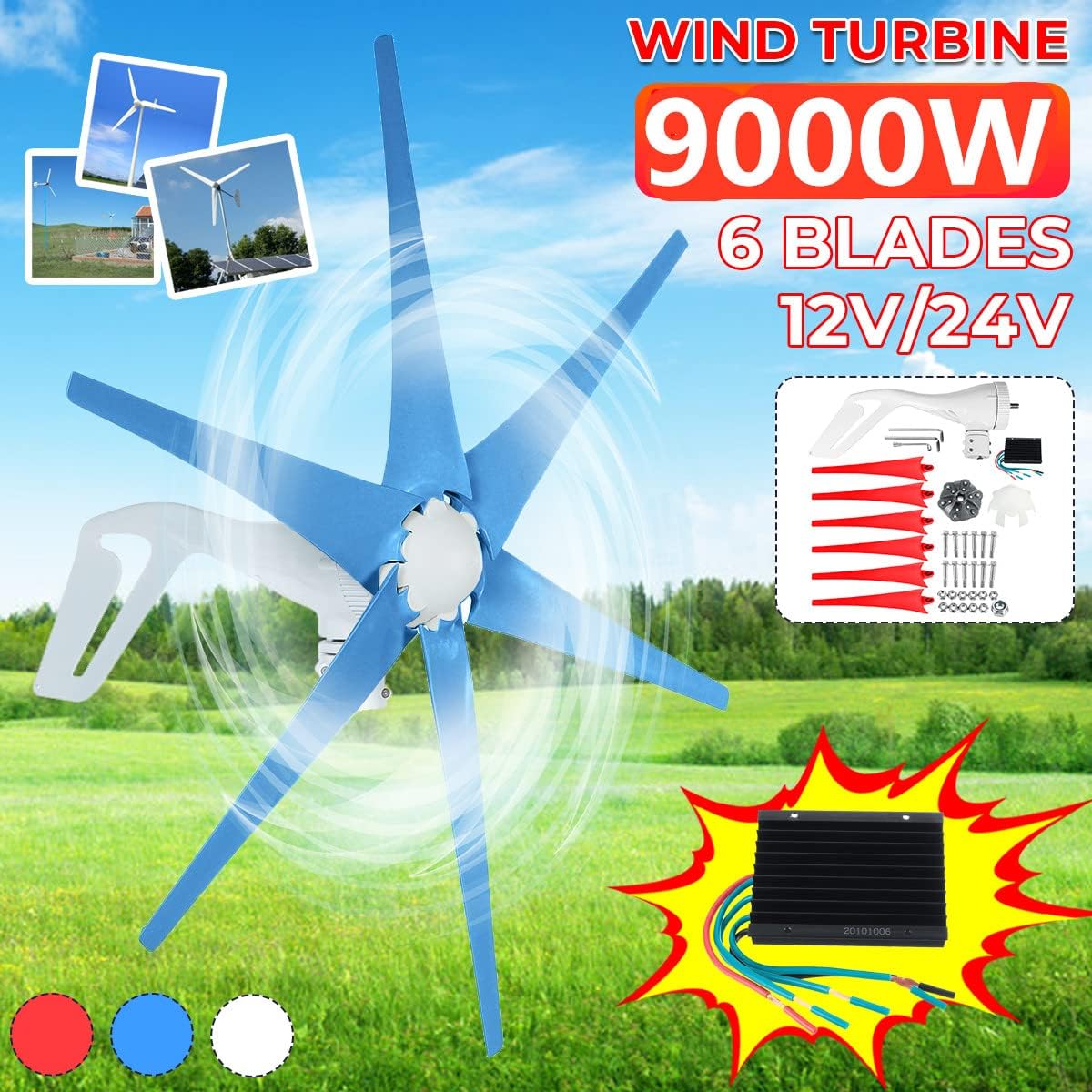 S2 9000W 6 Blade Power Wind Turbine Generator Hoop Type with Controller Windmill Energy Turbines for Home Street Lamp Boat