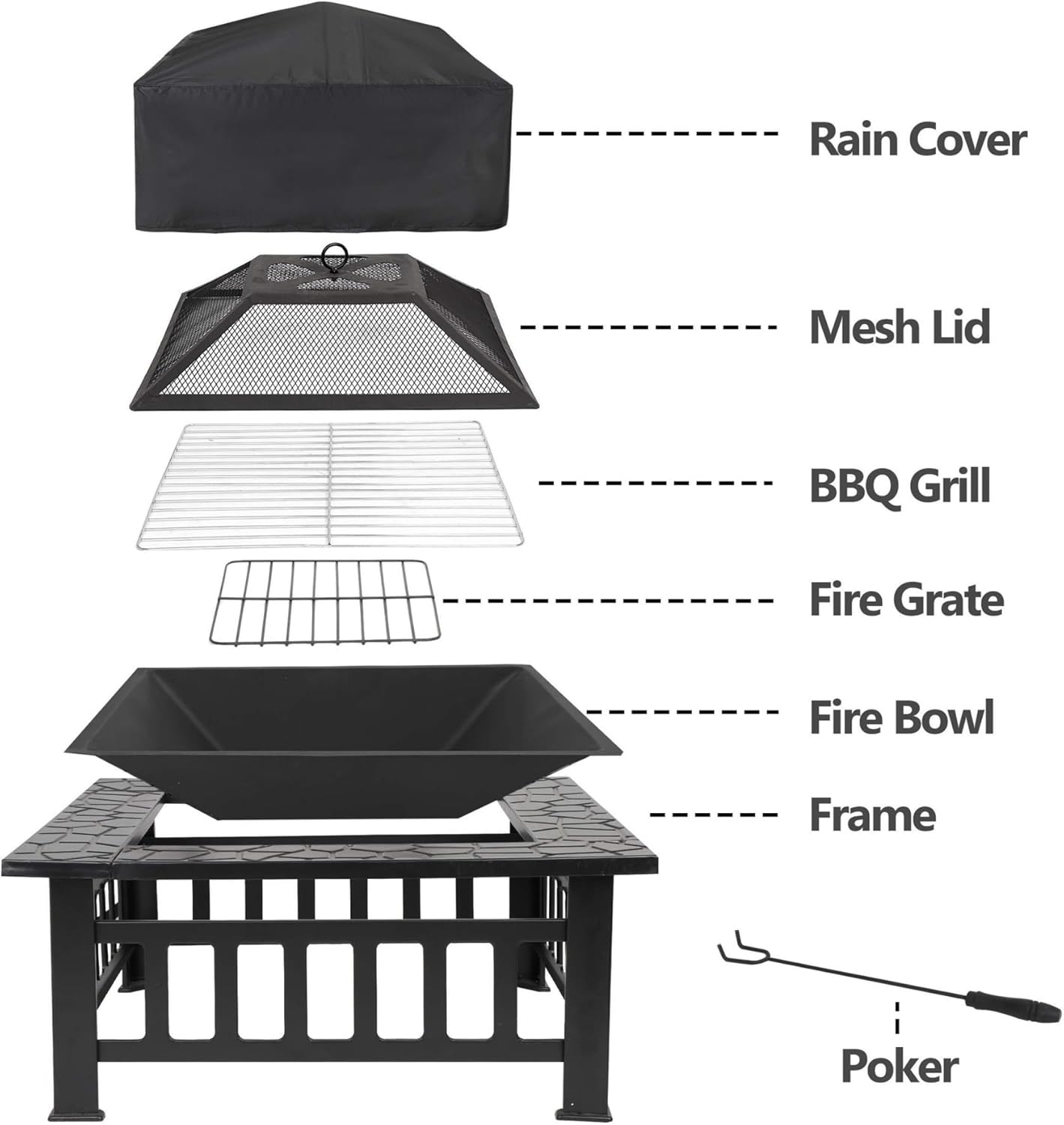 32 Inch Square Metal Fire Pit Table for Outdoor Backyard Patio Garden Multifunctional Fireplace Stove with Cover Applicable to Camping Barbecue Bonfire Picnics