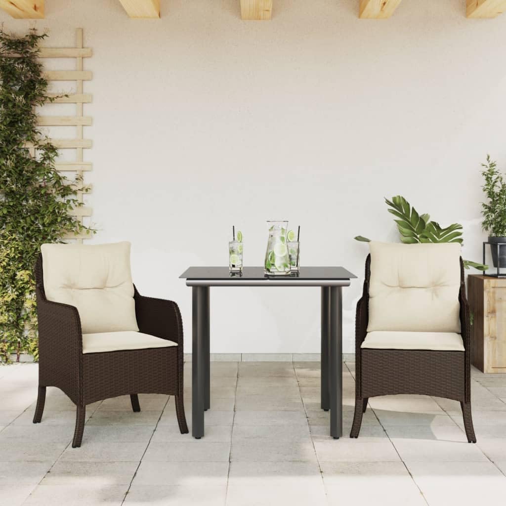 3 Piece Patio Dining Set with Cushions Brown Poly Rattan Garden Furniture