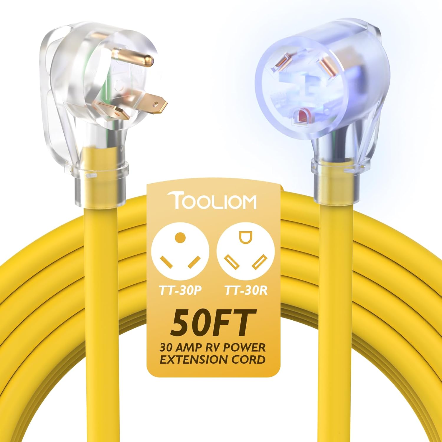 TOOLIOM 30 Amp Generator Extension Cord, NEMA TT-30P/TT-30R RV Extension Cord, 125V 3750W 10/3 AWG STW Generator Cord with LED Indicator Grip Handle for Generator RV Trailer Campers, UL Listed (50FT)