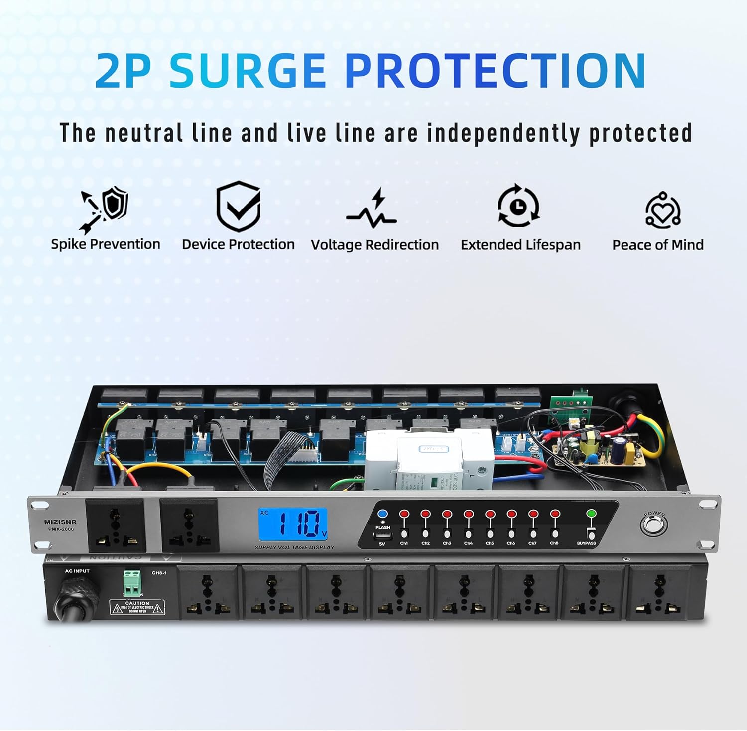 Power Conditioner, 20 Amps 10 Outlet Rack Mount Power Sequencer for Audio Equipment, 2000w Power Supply with 8 Independent Switches, 2P Surge Protector, External Switch, Voltage Display