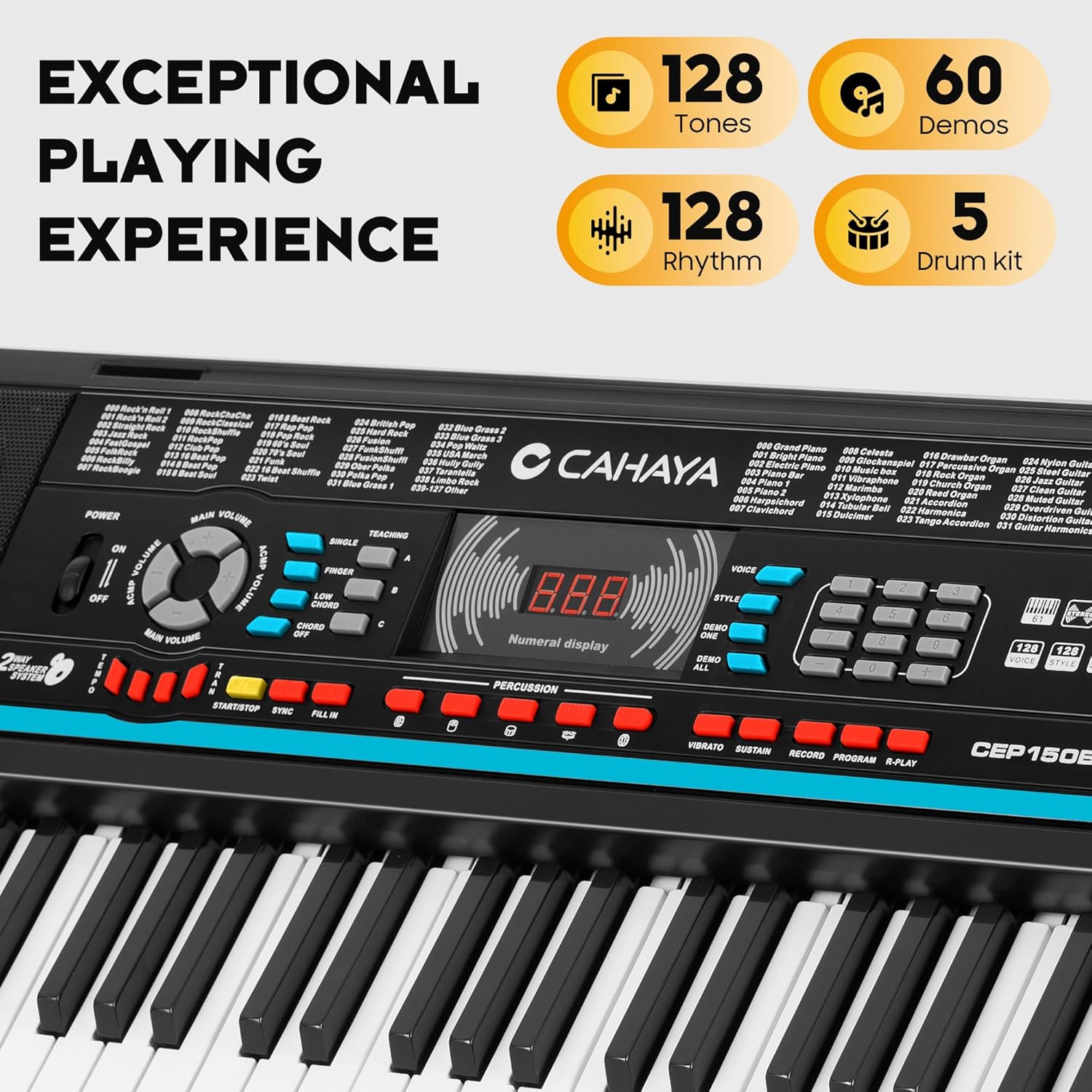 CAHAYA 61 Key Keyboard Piano – Electric Piano Set for Beginners with Stand & Stool, Microphone, Built-In Speakers, 128 Sounds & 128 Rhythms, Portable Electronic Keyboard Xmas Gift