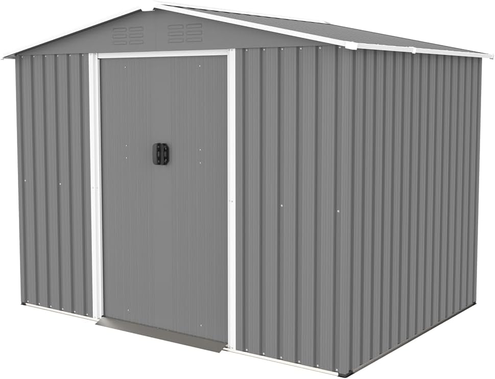 ASSYA Outdoor Tool Storage Shed with Metal Foundation and Lockable Door Trash Fence, 8x6 ft All-Weather Metal Shed for Garden, Patio, Backyard, Lawn